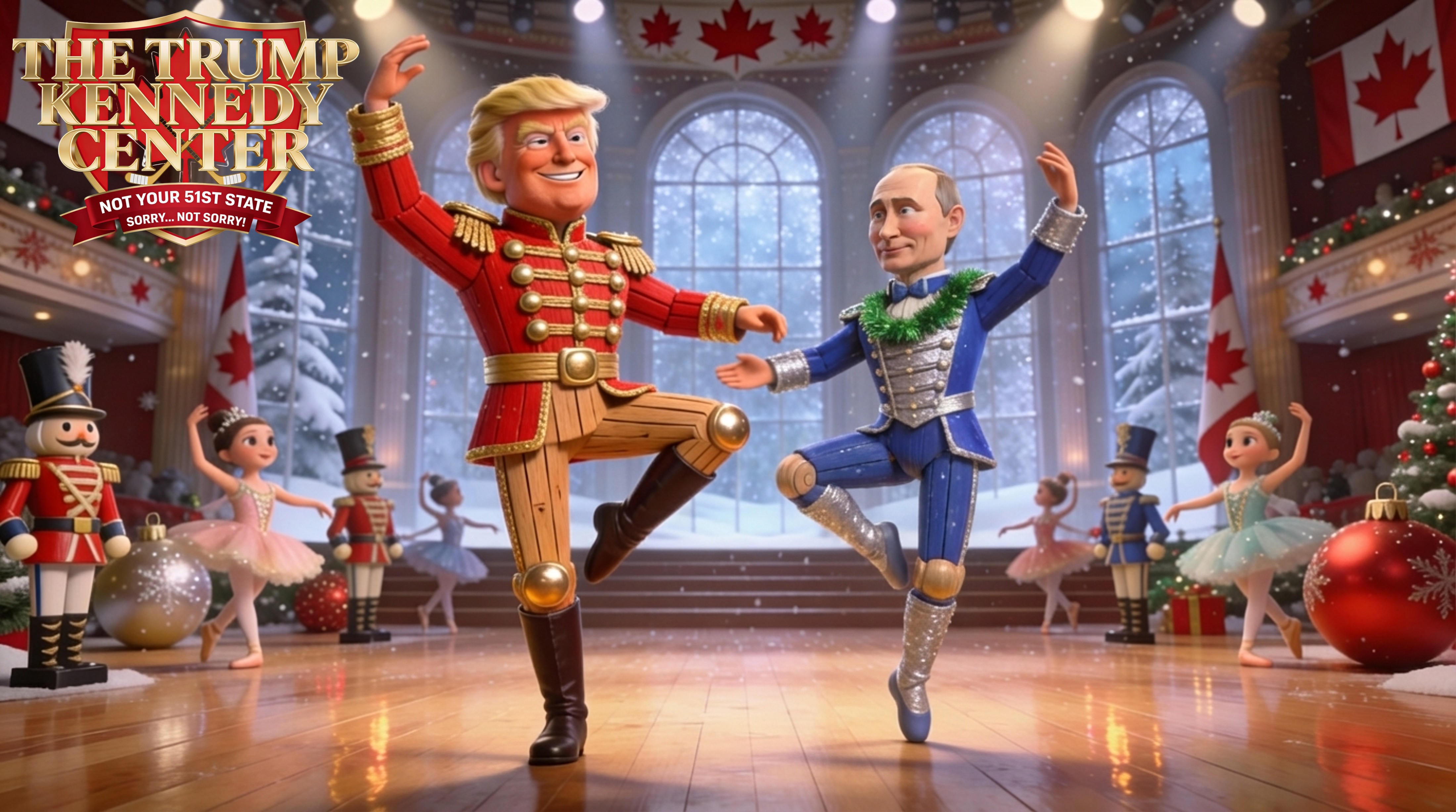 Trump–Kennedy Center Canadian political satire banner with cartoon presidents