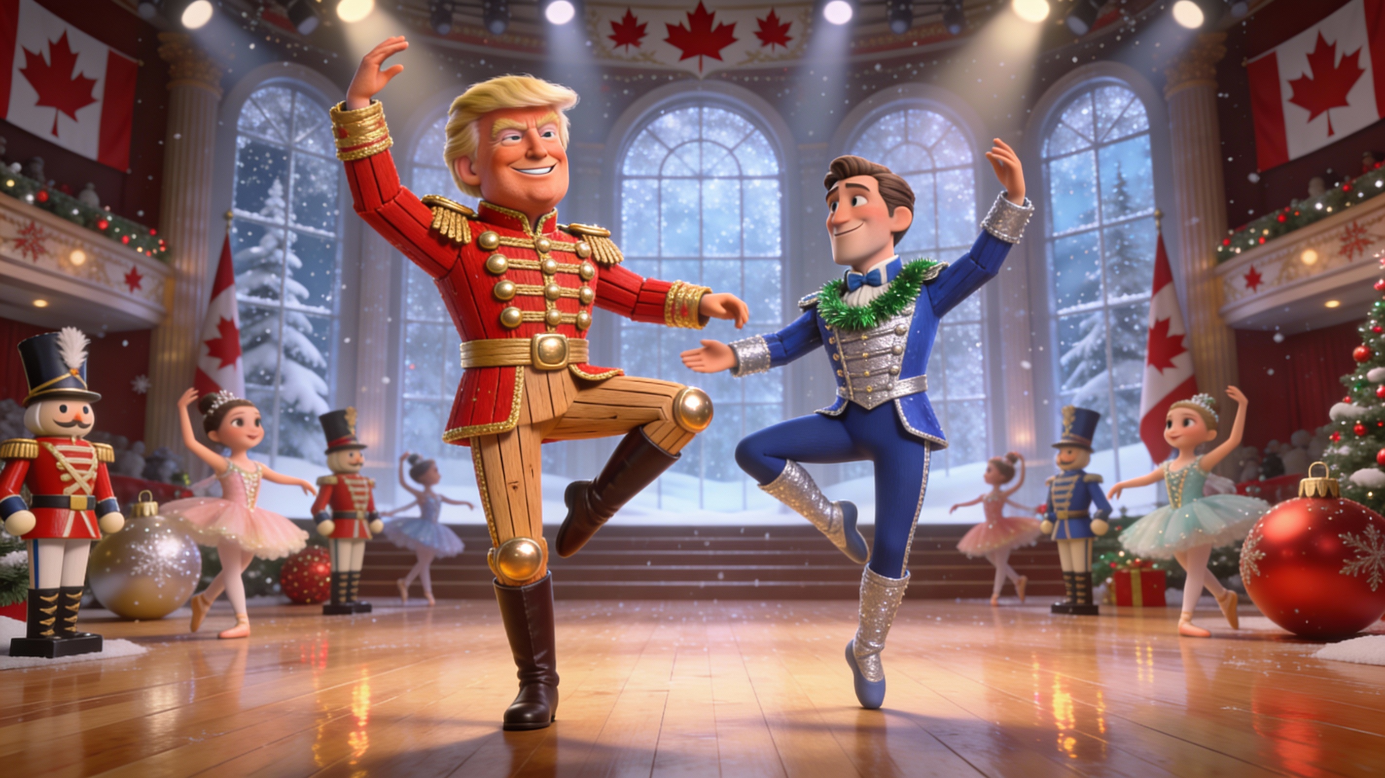 Trump–Kennedy Center Canadian political satire banner with cartoon presidents